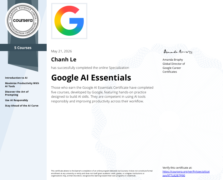 Google AI Essentials Certificate - Chanh Le